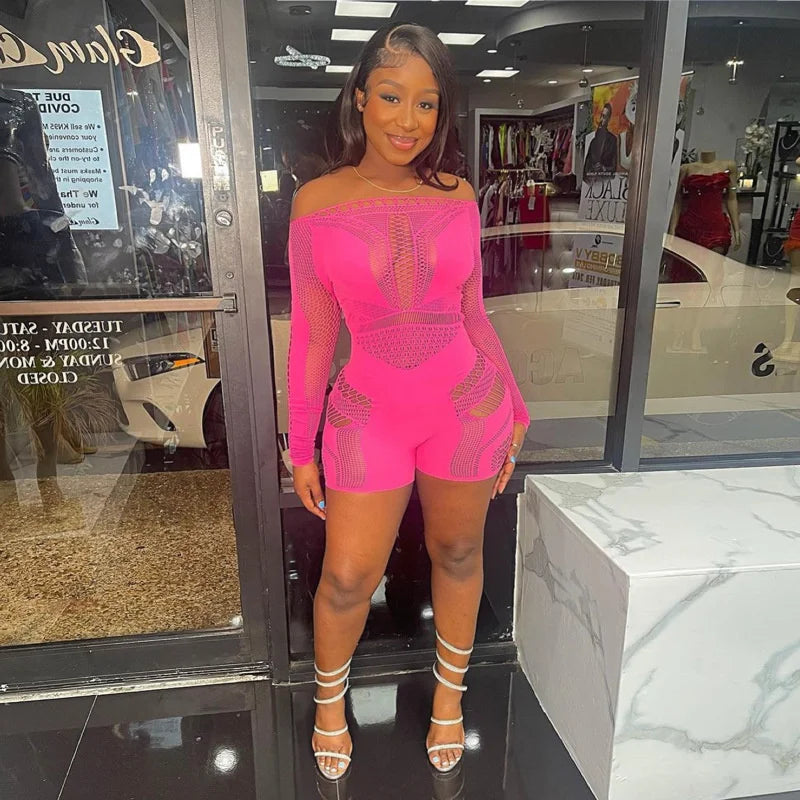 Wholesale Clothing Hollow Out Jumpsuit Women 2024 One-pieces Rompers Womens Black Bodycon Rose Red Long Sleeve Romper Playsuits