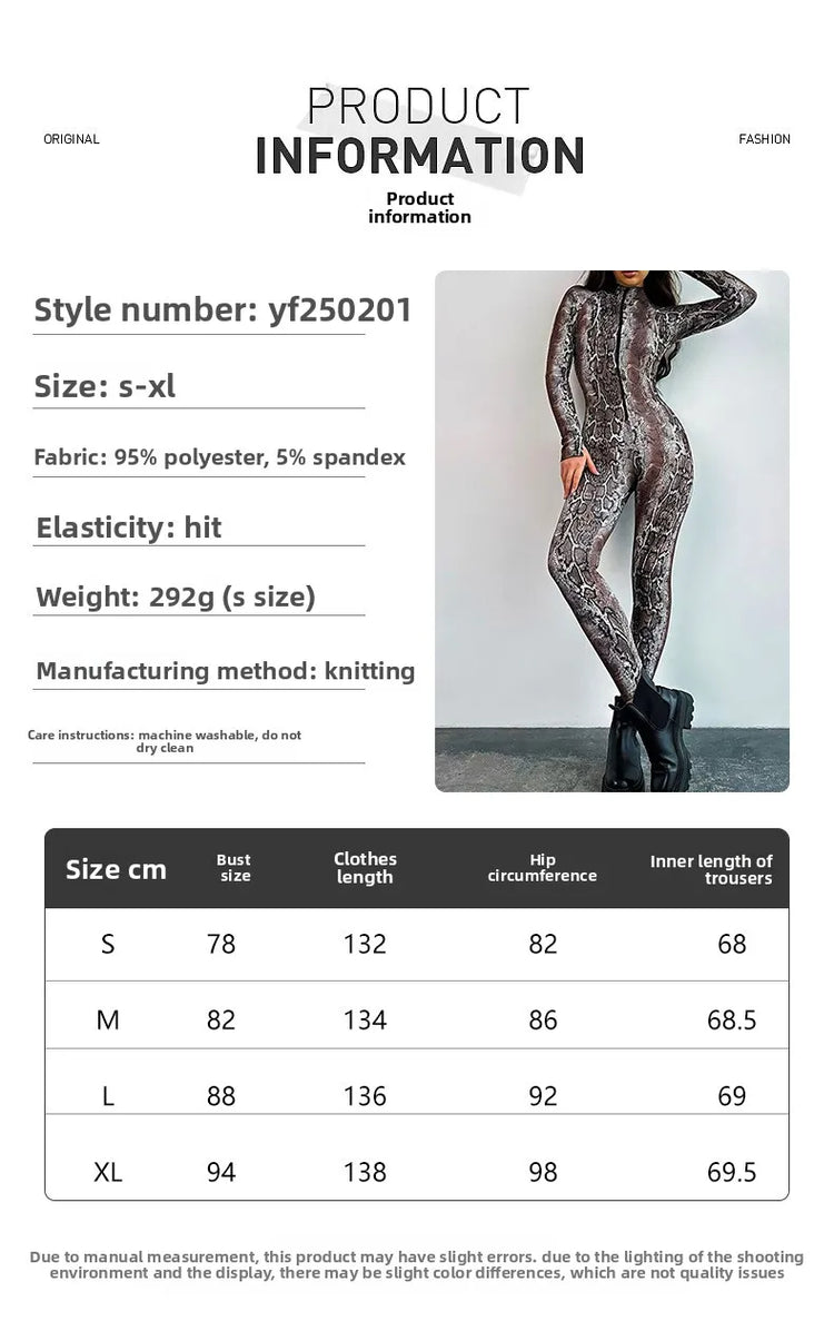 Women's Jumpsuit Snakeskin Print Bodysuit Long Sleeve Catsuit Sexy Bodycon Jumpsuit for Women Fashion Casual