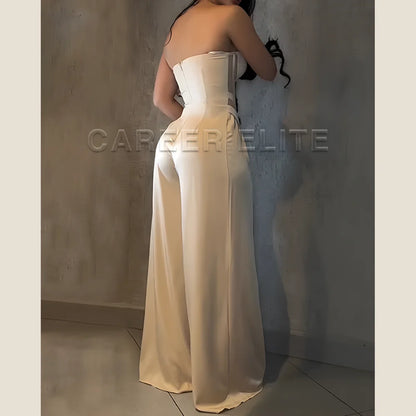 Women's Strapless Corset Top and Wide-Leg Pants Two-Piece Set Elegant Satin Jumpsuit for Evening Party Wedding Occasion Wear