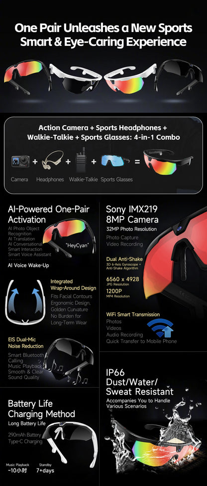 LIGE New Smart Glasses 800W Pixels Camera  1080P Video Waterproof Outdoor Cycling UV protection Bluetooth Call Smart Sunglasses