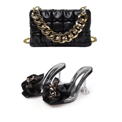 2026 New Style Designer Luxury Ladies Slippers Shoes Bag Set High Quality Women Pumps Chain Sandals Shoes Purse Set Black Heels