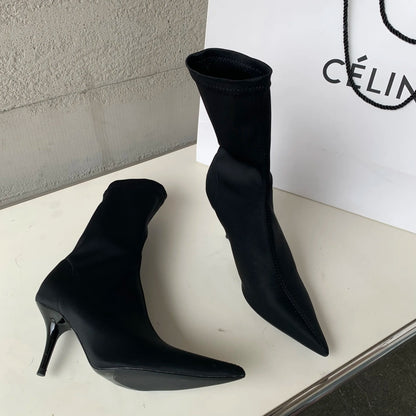 2026 New Spring Autumn Stretch Fabric Women Ankle Boots Sexy Pointed Toe High Heels Fashion Female Socks Pumps Shoes