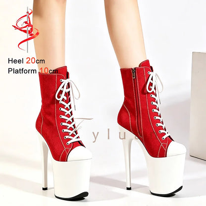 20CM/8Inch Extreme High Heel Platform Ankle Booties for Women Pole Dance Shoes Front Lace Up Black Denim Canvas Stiletto Boots