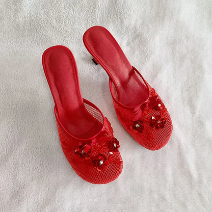 Summer mesh flower beads women slide sexy thin heel sandal