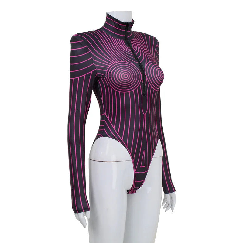 Art Irregular Lines Jumpsuit Women Slim Cosplay Party Catsuit Shapewear Bodysuit 2025 Fashion High Neck Long Sleeve Neon Outfits