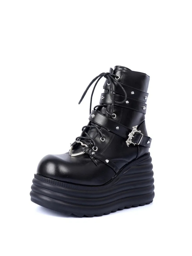 Women's Ankle Boots Round Toe High Platform Wedge Heel Lace-Up Side Zipper Gothic Punk Style Studded Strap Chunky Footwear 2026