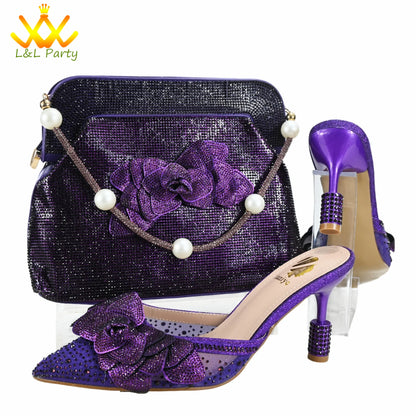Orange Color New Arrivals Italian Design Nigerian Women Shoes and Bag Set Pointed Toe Slipper with Shinning Crystal for Party