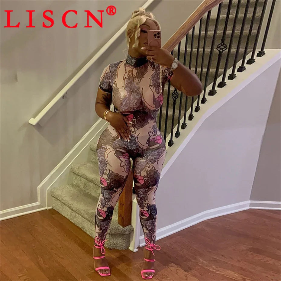 10 Wholesale Items Jumpsuits Women Summer 2025 Short Sleeve Bodycon Sexy Y2k Printing Mesh See Through Backless Rompers K15151