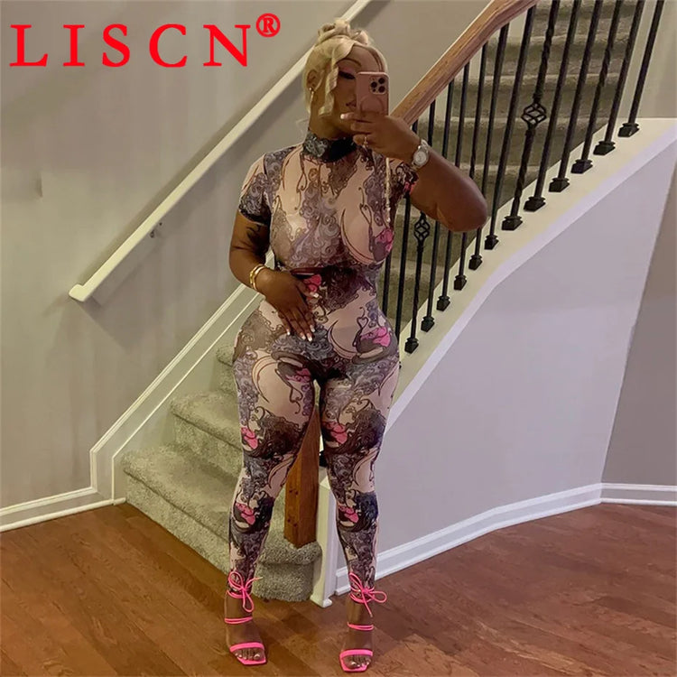 10 Wholesale Items Jumpsuits Women Summer 2025 Short Sleeve Bodycon Sexy Y2k Printing Mesh See Through Backless Rompers K15151