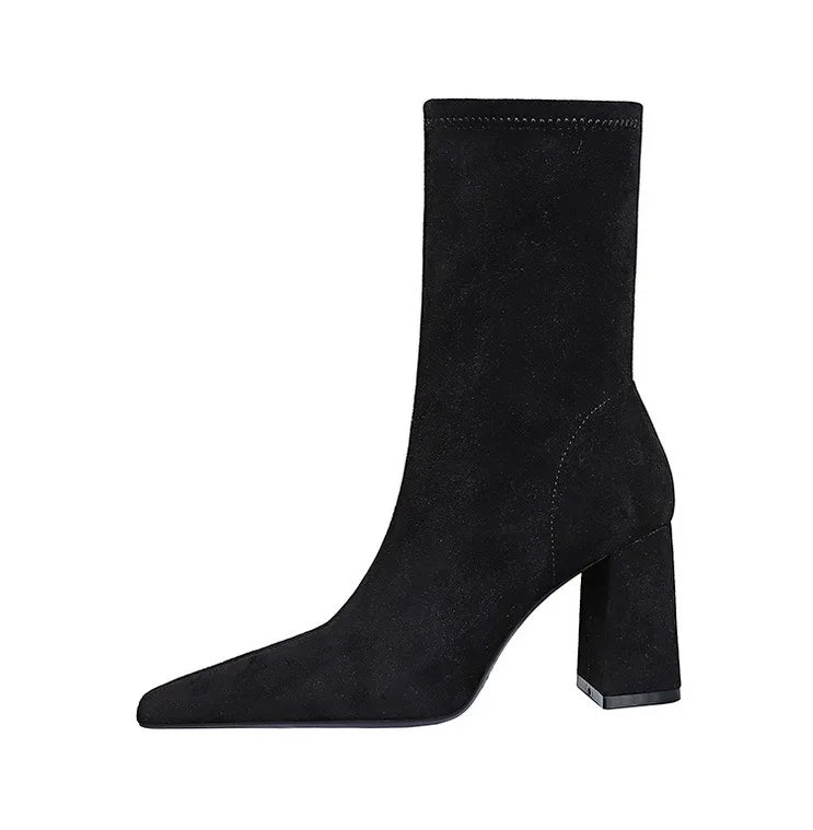 BIGTREE Shoes High Heel Boots Suede Women Ankle Boots Pointed Toe Socks Boots Thick Heel Women Shoes Warm Winter Boots Size 43