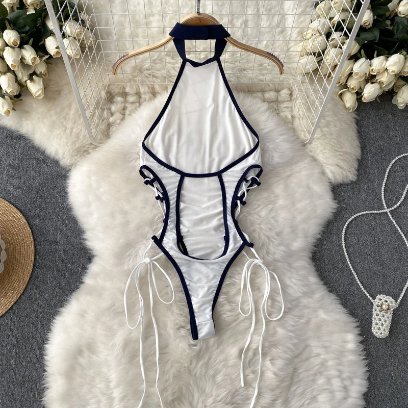 Coquette Lace Lingerie Set Sexy Mesh Bodysuit Valentines Day Sleepwear Gothic Strappy Catsuit Intimate Nightwear Romper