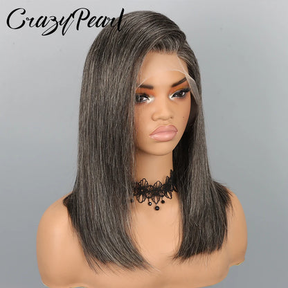 CrazyPearl Bob Wig Human Hair Salt and Pepper Grey Wigs 13X4 Straight Lace Frontal Wigs Human Hair Natural Hairline Gray Wigs