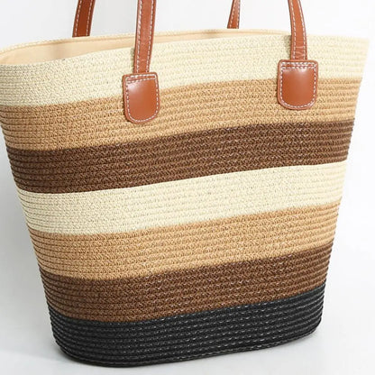 Fashion Straw Tote Bag Stripe Large Capacity Woven Shoulder Bag Square Zipper Woven Hat Vacation Top-Handle Bags