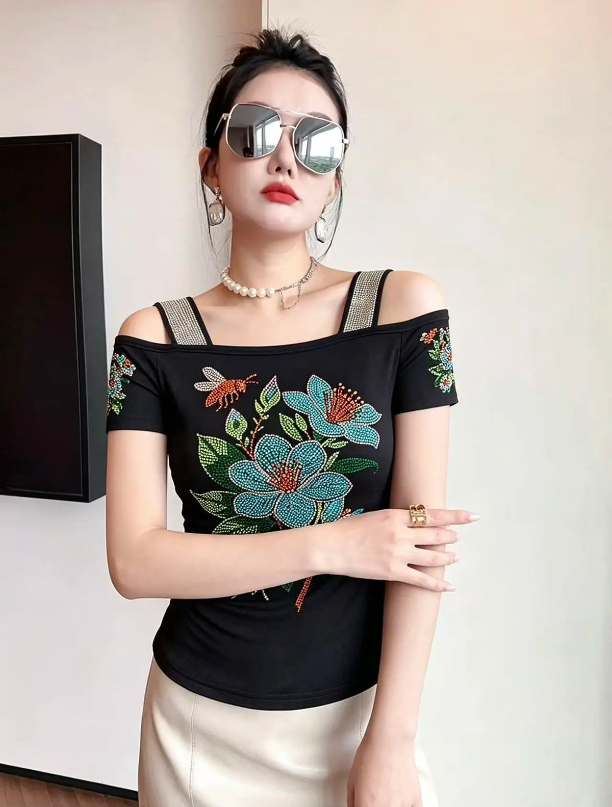 High Quality Elasticity Clothes Fashion T-Shirts Women's Sexy Off Shoulder Shiny Diamonds Mesh Tops Summer Tees Shirt