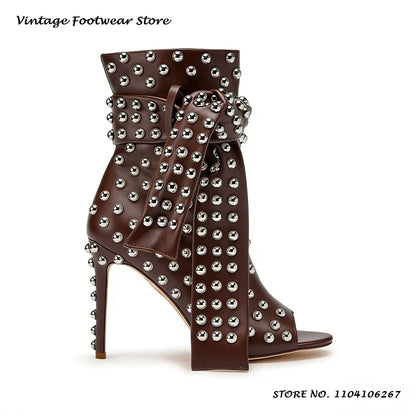 Studded Embellished Summer Boots Chic Round Open Toe Thin Heels Party Outfits Shoes Women's Fashion Casual Lace-up Ankle Boots