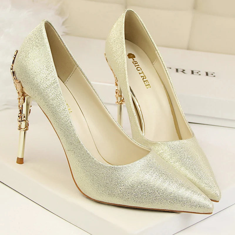 Women Luxury Metallic Decoration Heel Wedding Shoes Lady Trendy 10cm High Heels Pointed Toe Shoes Female Premium Gray Shoes