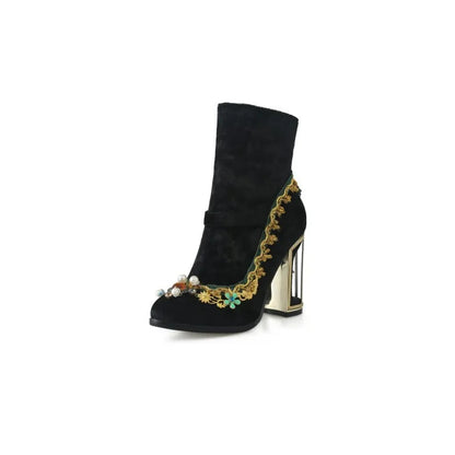 Royal Gemstone Jeweled Flower Velvet Ankle Boots Floral Crystal Cage Fretwork High Heels Blue Red Black Woman Bridal Booties