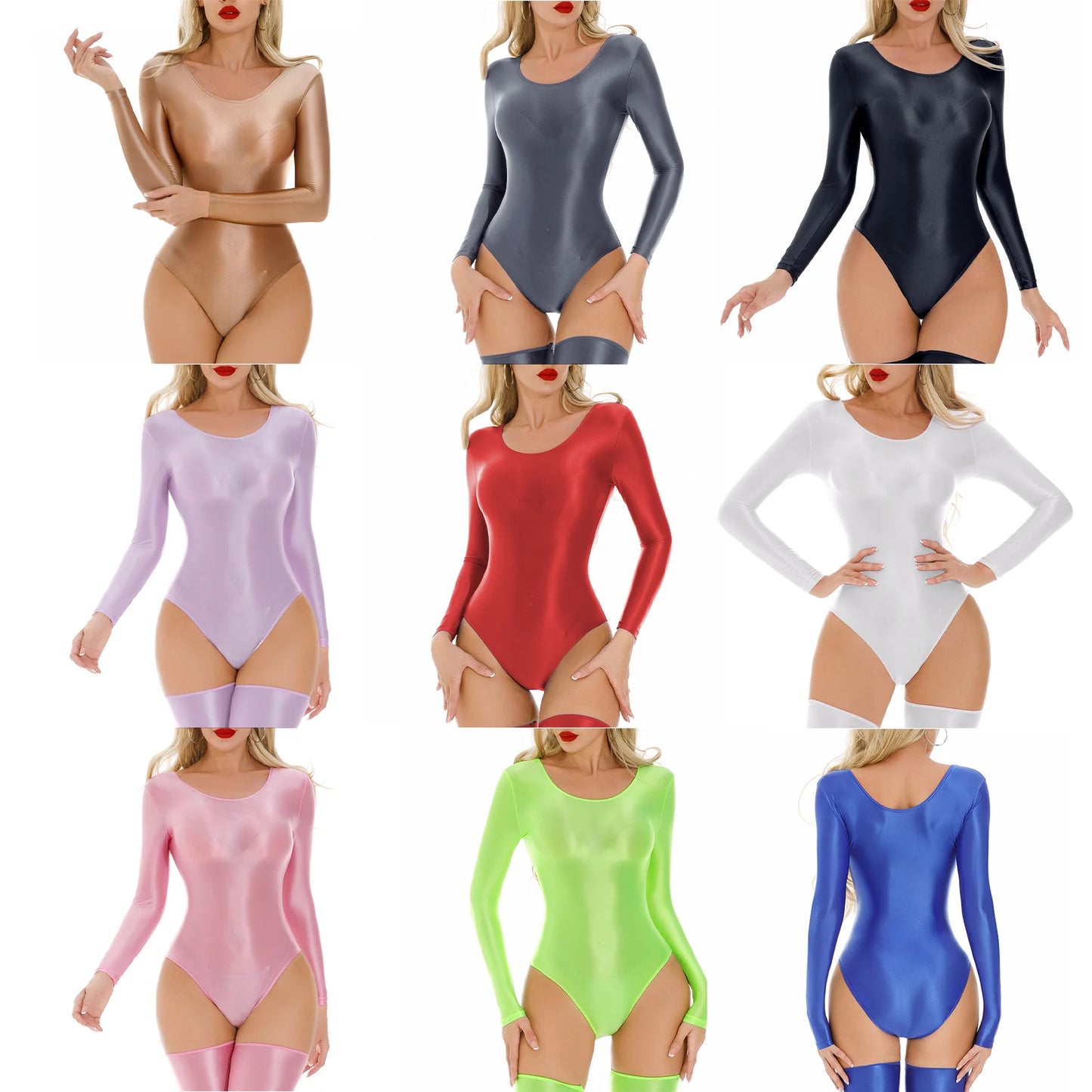 Women's Swimsuit One Piece Swimwear Oil Glossy Stretchy Gym Fitness Long Sleeve Round Neck Tights Leotard Bodysuit Clubwear