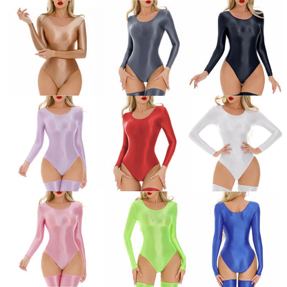 Women's Swimsuit One Piece Swimwear Oil Glossy Stretchy Gym Fitness Long Sleeve Round Neck Tights Leotard Bodysuit Clubwear