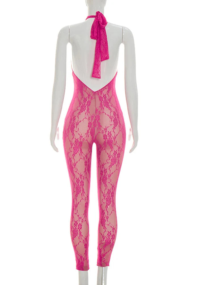 Beyprern Women Solid Lace Bandage Jumpsuit Sexy Halter Backless Floral See Through Skinny One Pieces Rompers