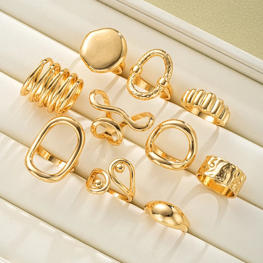 New 10Pcs/Set Irregular Smooth Rings Set for Women Geometric Exaggerated Gold Color Finger Rings Vintage Fashion Party Jewelry