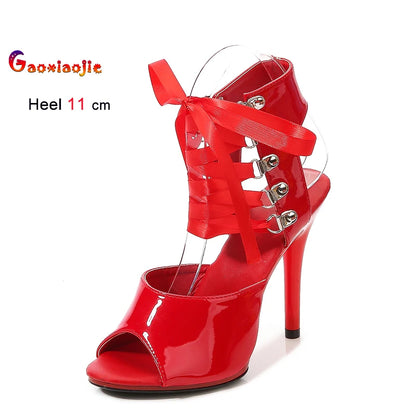 2025 New Sexy Pink High Heels 11cm Women's Shoes Fine Heels Round Head Ladies Pumps Ankle Lace-up Buckle Sandals Nightclub Shoes