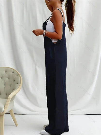 Summer Casual Suspender Jumpsuit for Women, Loose Thin Drapey Wide-Leg Pants, Simple Versatile Sleeveless Overalls, Vacation Style Women's Clothing