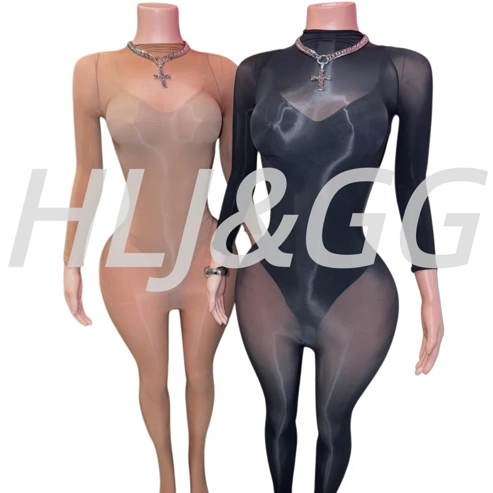 HLJ&GG Sexy Mesh See Through Bodycon Jumpsuits And Bodysuits Suits Women Long Sleeve Stretchy Playsuits Party Night Club Overall