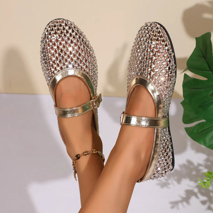 Summer Rhinestone Mesh Hollow Sandals Plus Size 43 Women Flats Shallow 2024 New Mary Jane Shoes Comfort Luxury Female Flat Shoes