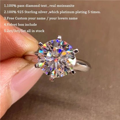 Classic 6 Prongs 5 Carat Round Moissanite Rings 925 Sterling Silver High Clarity D Color Diamond Woman 14K Gold Plated Jewelry