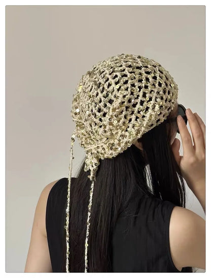 French Retro Knitted Triangular Towel Female Hottie Travel Sweet and Cute Literary Style Handmade Crochet Headscarf Headband