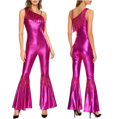 Women Shiny Metallic Jazz Disco Dance Jumpsuit 70s 80s Hippie Costume Sequin Tassels One Shoulder Bell Bottom Bodysuit Rompers
