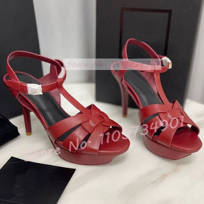 Platform Shiny Leather Cage Sandals Women Open Toe Ankle Strap High Heels Sandals Lady Stone Pattern Sexy Elegant Luxury Shoes