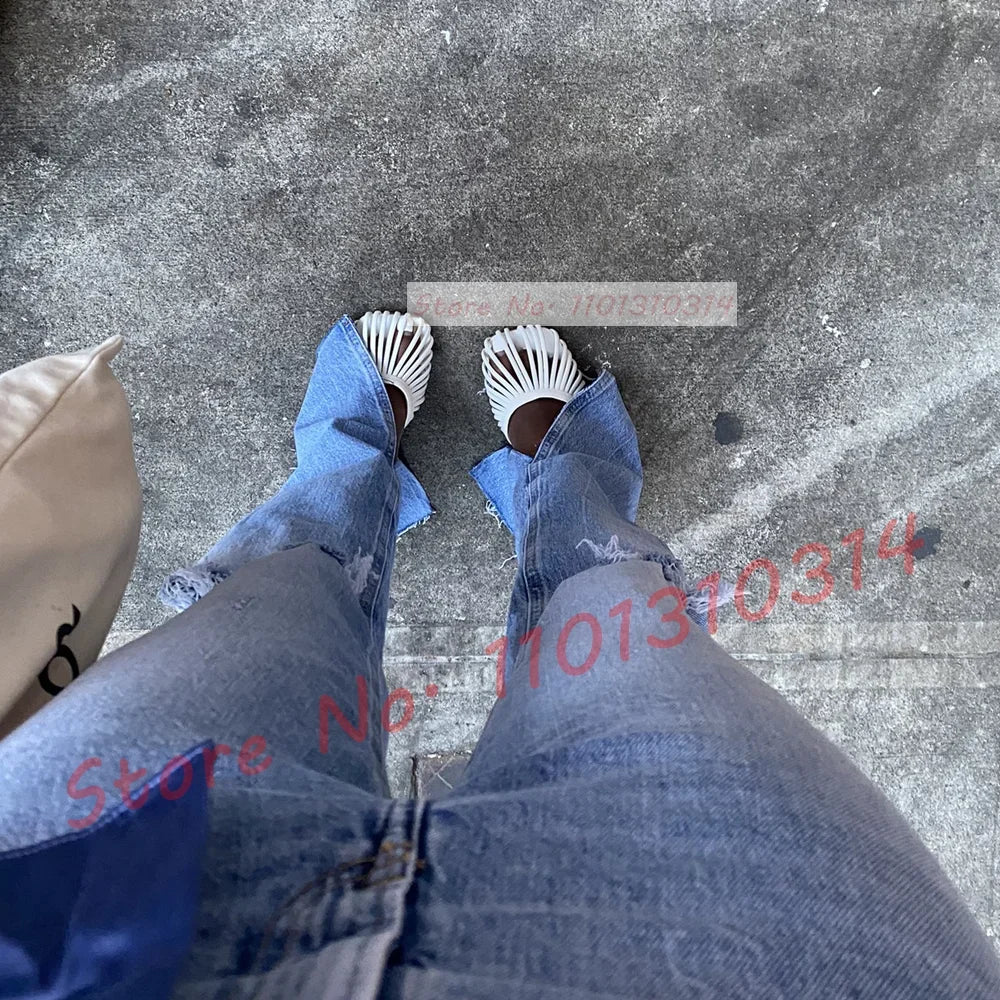 Cage Round Toe Metallic Mules Women New In Sexy Luxury High Heel Shoes Female Thin Strap 2023 Summer Elegant Chic Solid Slippers
