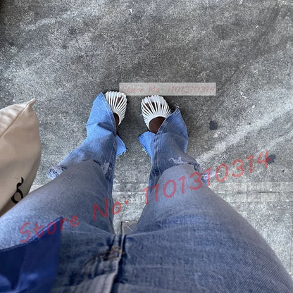Cage Round Toe Metallic Mules Women New In Sexy Luxury High Heel Shoes Female Thin Strap 2023 Summer Elegant Chic Solid Slippers