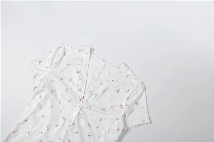 Weird Puss Floral Print Playsuit Women Casuals Simple Lace Patchwork Single-Breasted V-Neck Trend Chic Skinny Sporty Streetwear