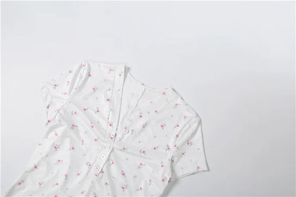 Weird Puss Floral Print Playsuit Women Casuals Simple Lace Patchwork Single-Breasted V-Neck Trend Chic Skinny Sporty Streetwear