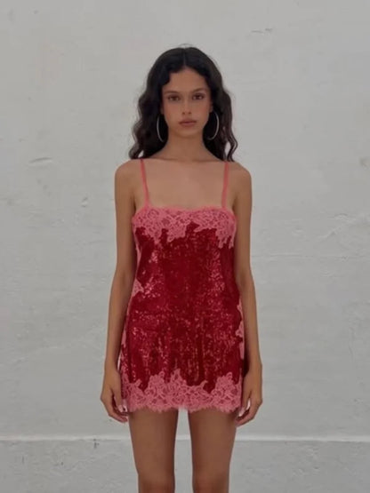 Sexy Sequin Lace Trim Dress Women Fashion V-neck Sleeveless High Waist Mini Sling Dresses 2026 Summer Lady Vacation Robe