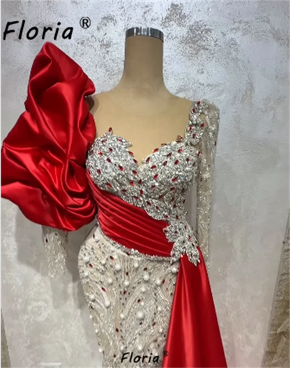 Dubai Red Wedding Dress with Tail Pearl Crystals Beads Mermaid Bridal Gown Puffy Sleeve Formal Party Customized Vestidos noche