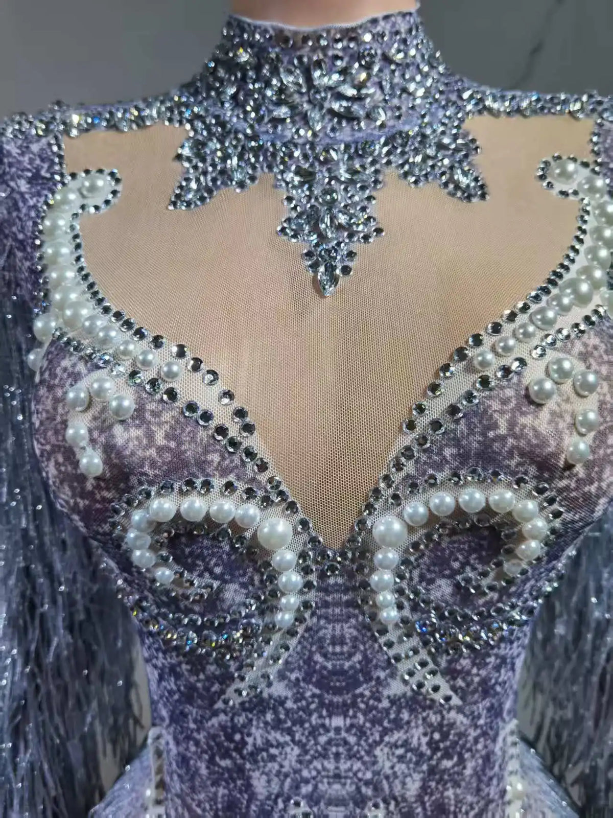 Luxury Gray Fringe Silver Rhinestones Pearls Transparent Bodysuit Women Dance Show Costume Birthday Party Outfit