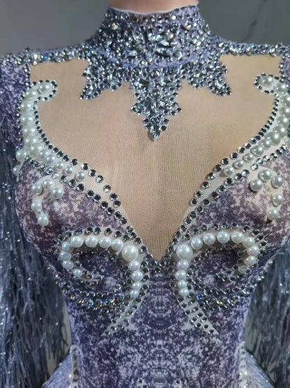 Luxury Gray Fringe Silver Rhinestones Pearls Transparent Bodysuit Women Dance Show Costume Birthday Party Outfit