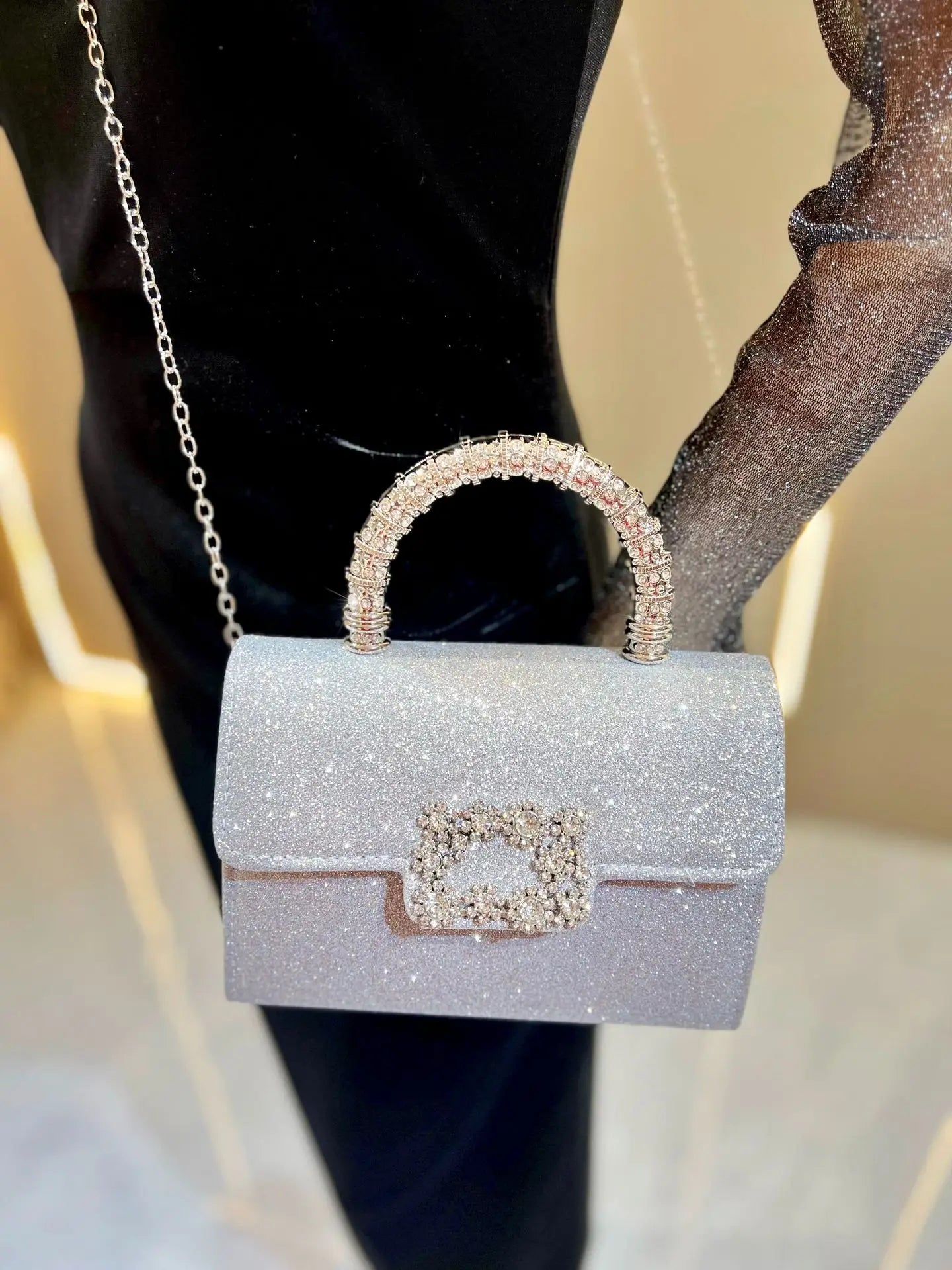 Rhinestone Faux Silk Emerald Evening Bag Silver Diamond Buckle Handle Fashion Handbags Elegant Ladies Square Bolsa Feminina