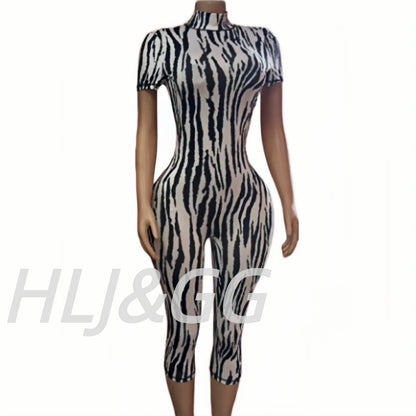 HLJ&GG Autumn Stripe Print Backless One Piece Jumpsuits Women Round Neck Long Sleeveless Slim Playsuits Sexy Overalls Streetwear