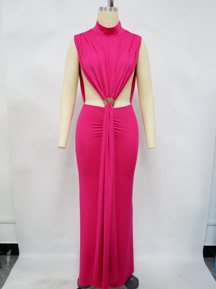 CM.YAYA Women O-neck High Split Ruched Stacked Bodycon Midi Maxi Dress 2024 Evening Party Club Vestidos Sexy Chic Long Dresses