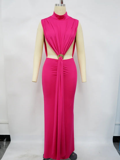 CM.YAYA Women O-neck High Split Ruched Stacked Bodycon Midi Maxi Dress 2024 Evening Party Club Vestidos Sexy Chic Long Dresses