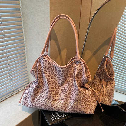 Brand Women's Shoulder Bag Y2k Fashion Sweet Polka Dot Handbag Korean Casual Versatile Leopard Print Brown Frosted Tote Bags