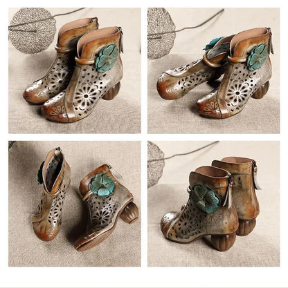 Myjyjz 6cm Genuine Leather Chunky Heels Hollow Women Shoes Ethnic Ankle Boots Zip Summer Pumps Flower Sandals (Size Runs Small）