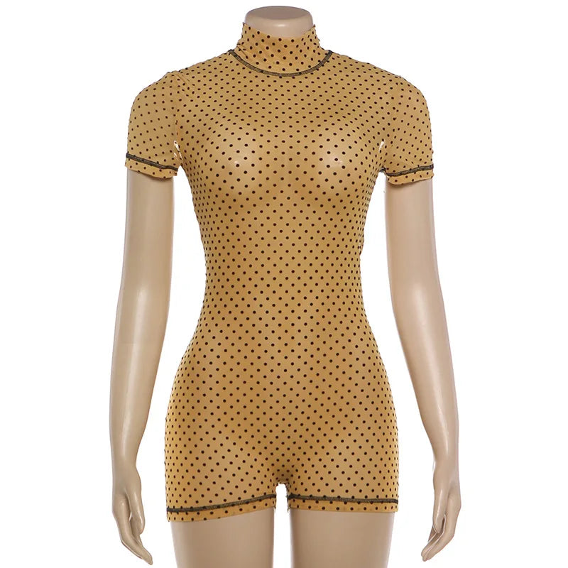 FAGADOER Khaki Polka Dot Bodycon Shorts Romper Women Stand Collar Back Hollow Out Skinny Jumpsuits Mesh See Through Playsuit