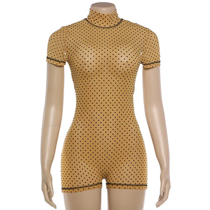 FAGADOER Khaki Polka Dot Bodycon Shorts Romper Women Stand Collar Back Hollow Out Skinny Jumpsuits Mesh See Through Playsuit