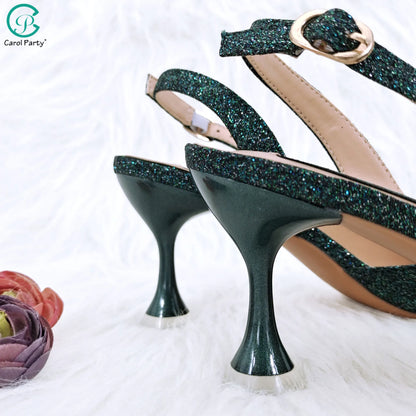 African Fashion Green Ladies Matching Shoes and Bags Nigerian Best Sell Women's Pointed Toe High Heels Commuter Wearable